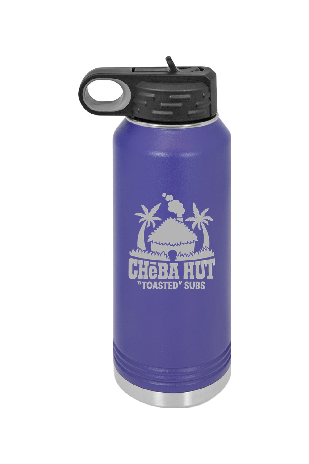 A purple water bottle with a stainless steel bottom and a black lid that has a built-in carrying handle and drinking spout. The bottle features the Cheba Hut "Toasted" Subs logo on the front.