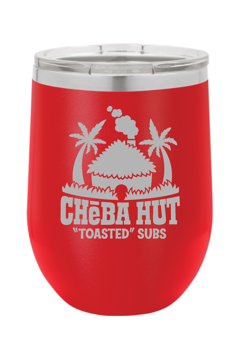 A red stemless insulated wine tumbler with a clear lid, featuring the Cheba Hut "Toasted" Subs logo with a hut and palm trees.