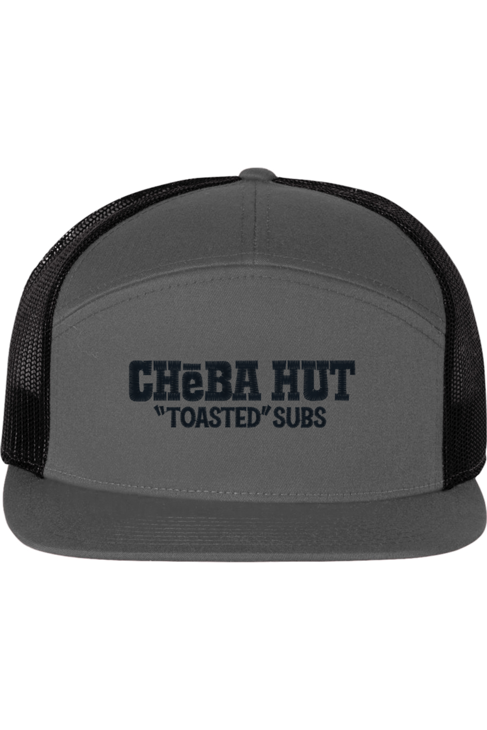 A seven-panel trucker hat with a solid grey  front panel and brim. The back two panels are black mesh. The front of the hat features the black stylized text 'CHEBA HUT "TOASTED" SUBS'. The hat has a slightly curved brim and a visible button on the top.