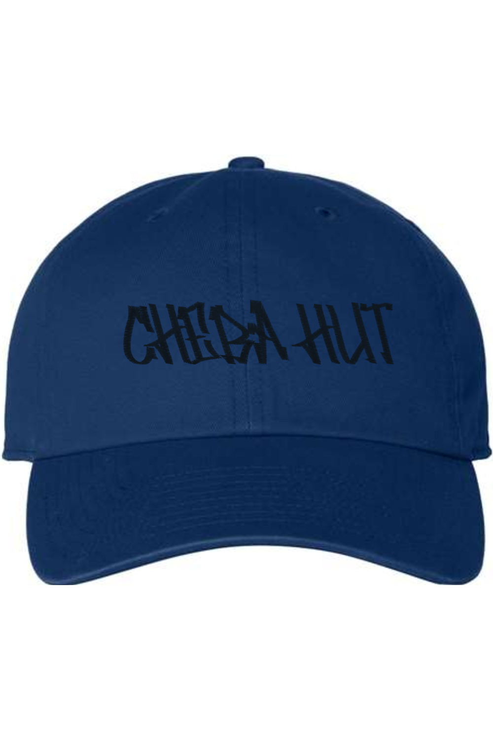 A royal blue baseball cap with a curved brim. The front of the cap features the black stylized text 'CHEBA HUT' embroidered across the center. The cap has a visible button on the top and an adjustable strap in the back (not visible).