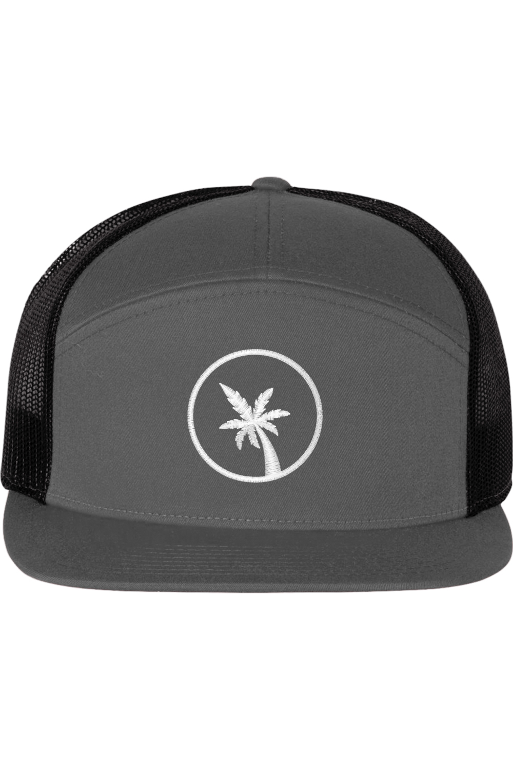 A seven -panel trucker hat with a solid grey front panel and brim. The back two panels are black mesh. The front of the hat features a seven frond palm tree in white thread. The hat has a slightly curved brim and a visible button on the top.