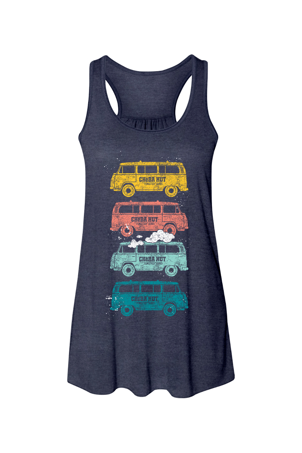 A navy women's racerback tank top with a front graphic of four colorful, vintage-style vans stacked vertically. From top to bottom, the vans are yellow, coral, light blue, and teal, each with a distressed look and the Cheba Hut logo. Smoke is coming out of the roof of the light blue van.