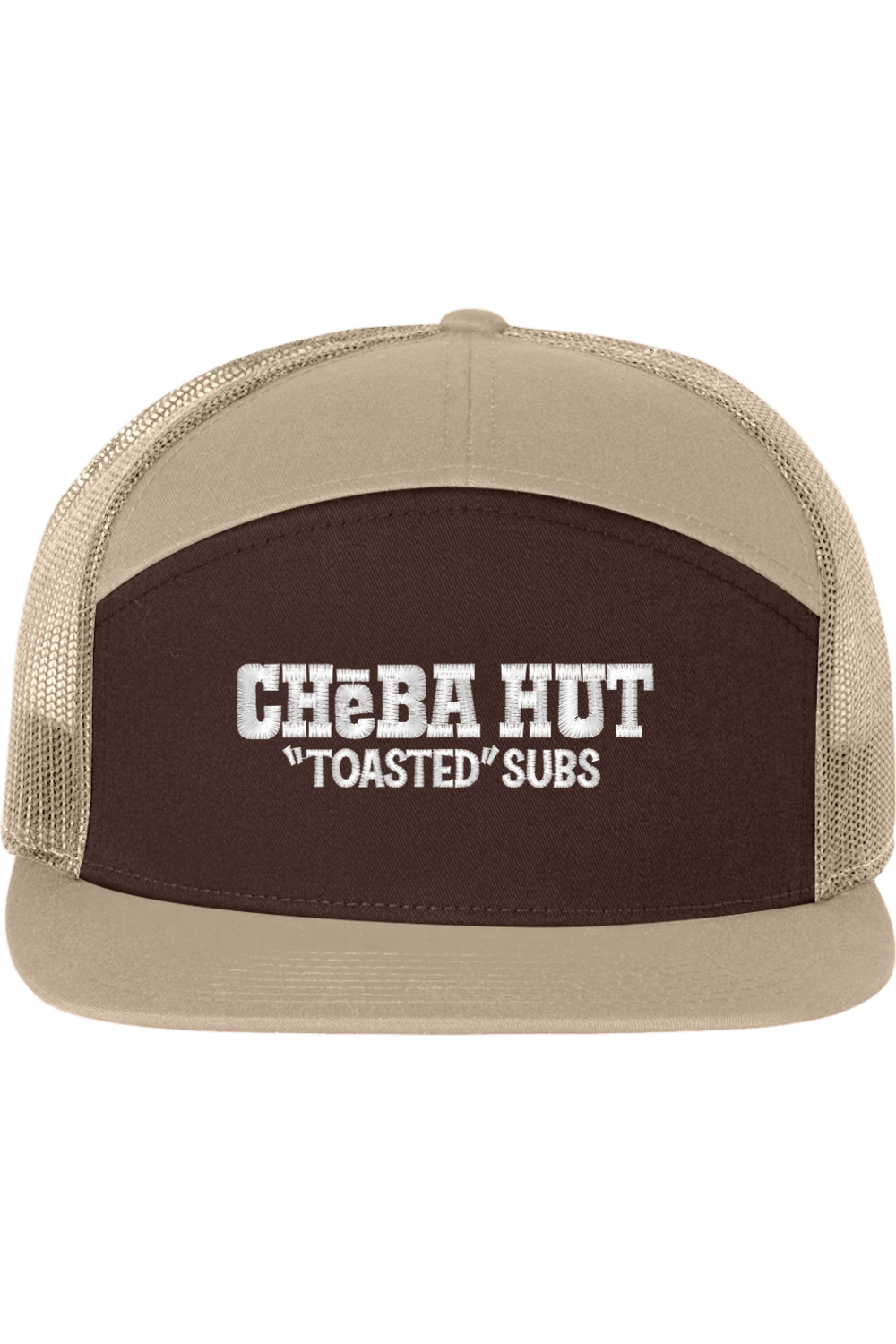 A seven -panel trucker hat with a solid brown  front panel and brim. The back two panels are tan mesh. The front of the hat features the white stylized text 'CHEBA HUT "TOASTED" SUBS'. The hat has a slightly curved brim and a visible button on the top.