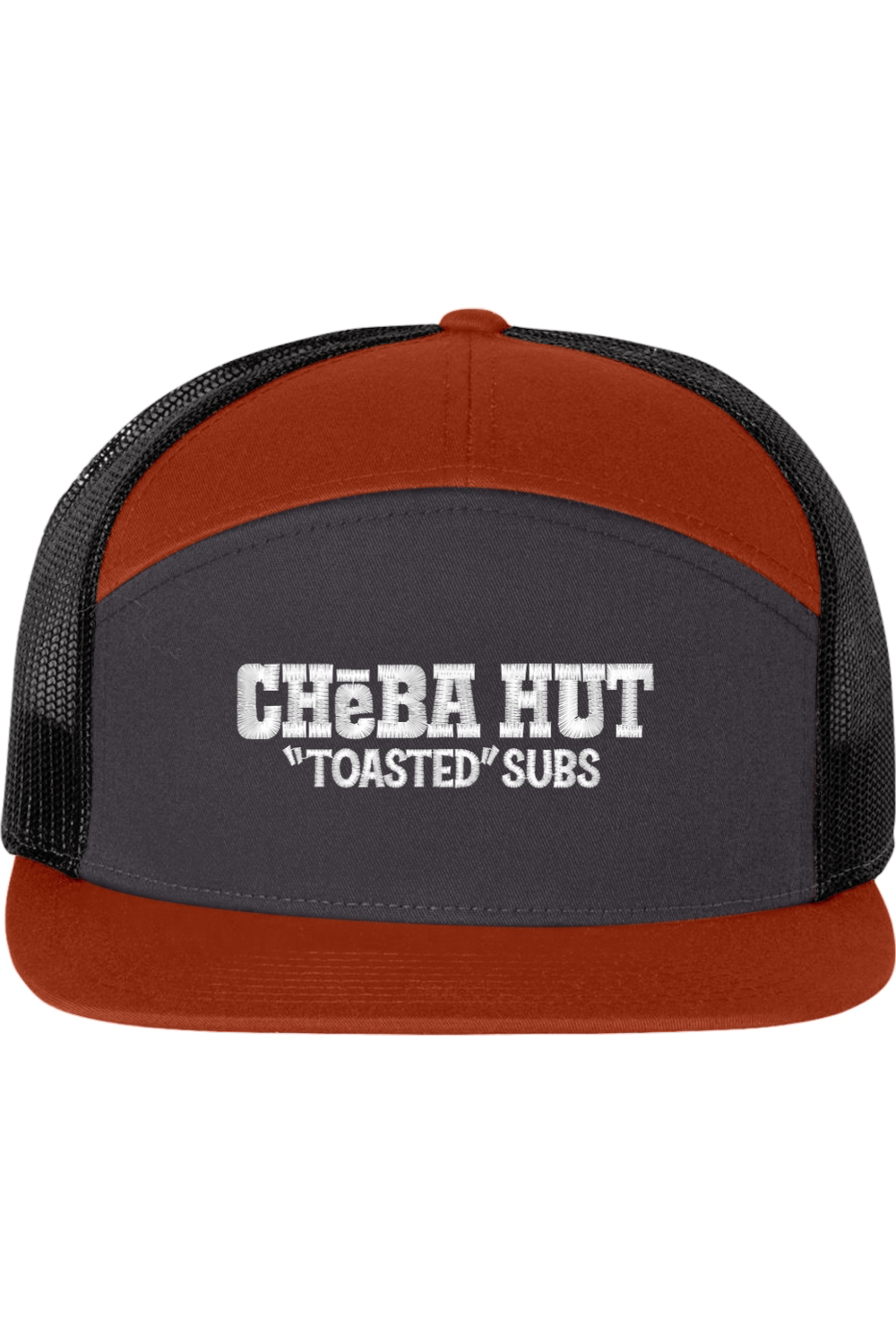 A seven -panel trucker hat with a solid grey front panel between a burnt orange panel and brim. The back two panels are black mesh. The front of the hat features the white stylized text 'CHEBA HUT "TOASTED" SUBS'. The hat has a slightly curved brim and a visible button on the top.