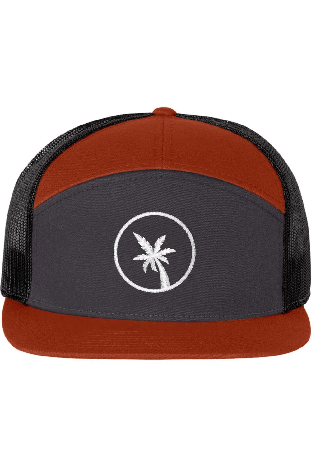 A seven -panel trucker hat with a solid black front panel and a burnt orange top panel brim. The back two panels are black mesh. The front of the hat features a seven frond palm tree in white thread. The hat has a slightly curved brim and a visible button on the top.