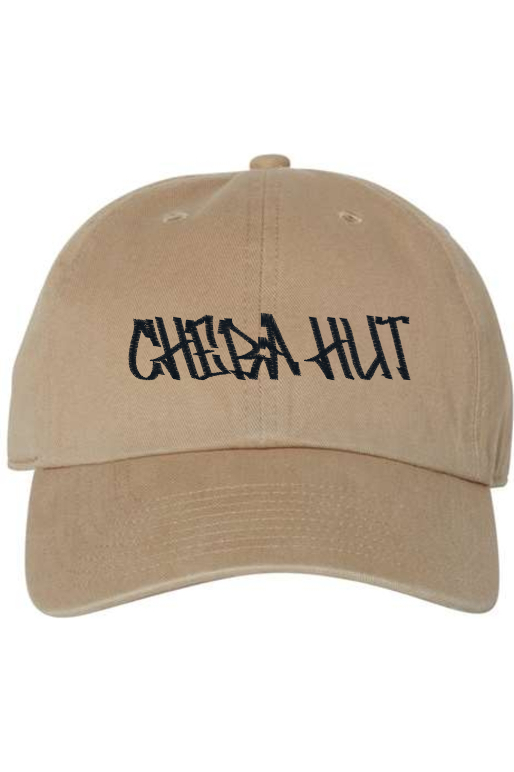 A khaki brown  baseball cap with a curved brim. The front of the cap features the black stylized text 'CHEBA HUT' embroidered across the center. The cap has a visible button on the top and an adjustable strap in the back (not visible).
