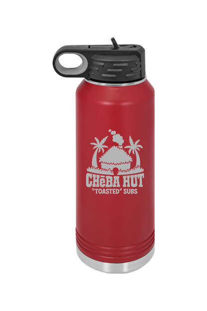 A red water bottle with a stainless steel bottom and a black lid that has a built-in carrying handle and drinking spout. The bottle features the Cheba Hut "Toasted" Subs logo on the front.