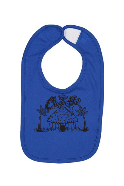 Blue bib with black graphic design and text on a white background