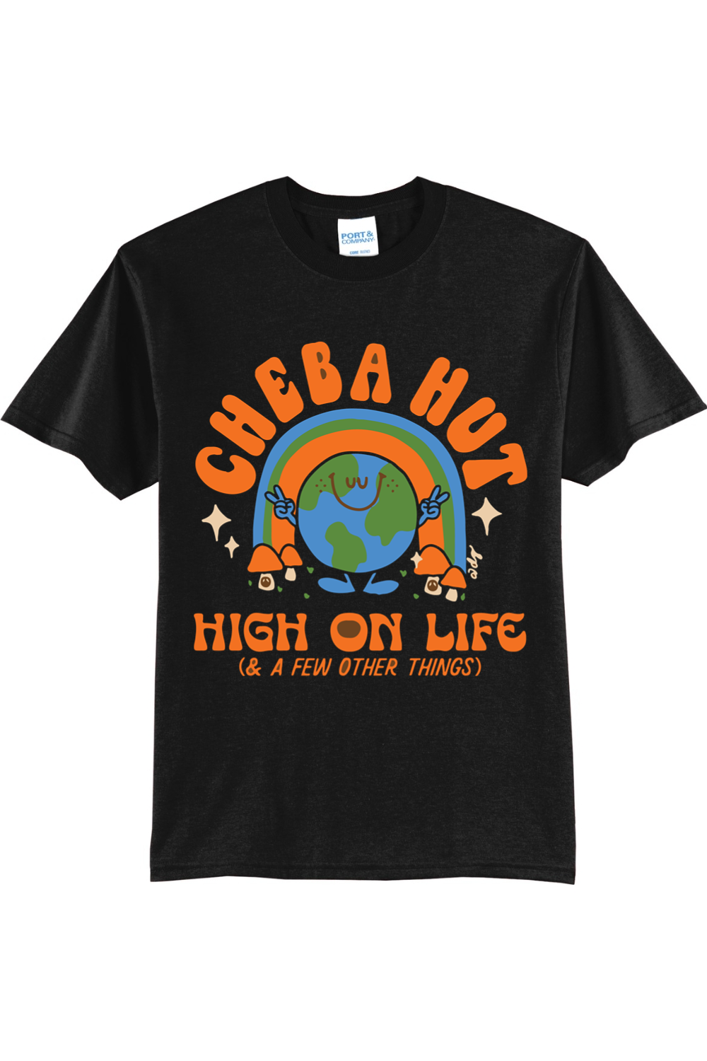 A black short-sleeved t-shirt featuring a retro-style graphic with a smiling Earth under a rainbow, palm trees, and the text 'CHEBA HUT' and 'HIGH ON LIFE (& A FEW OTHER THINGS)'.