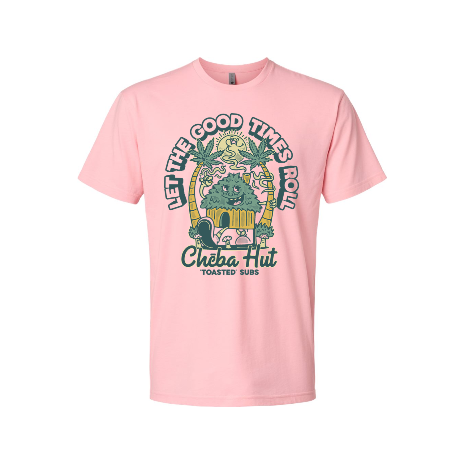 A light pink short-sleeved t-shirt featuring a cartoonish graphic with palm trees, a hut, a smiling character, marijuana leaves, and the text 'Let the Good Times Roll' and 'Cheba Hut Toasted Subs'.
