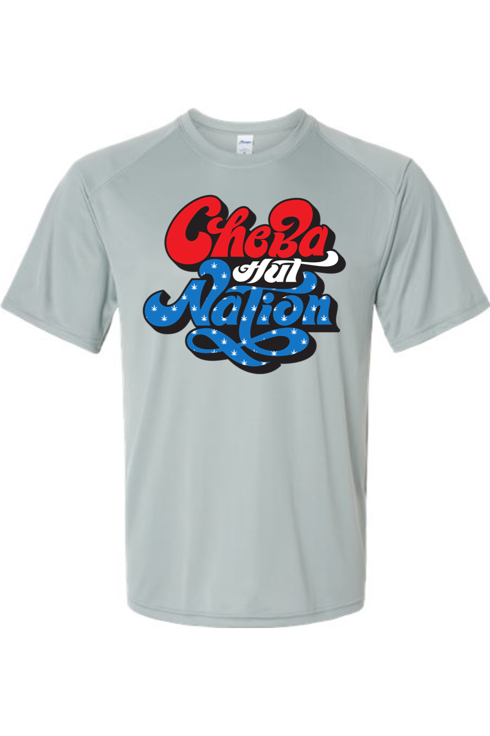 A grey short-sleeved athletic shirt featuring a patriotic-themed graphic. The word "Cheba" is in bold, rounded red letters with white outlines. Below it, the word "Hut" is smaller and appears integrated into the top of "Nation." The word "Nation" is prominently displayed in large, stylized blue script with white stars, outlined in red and white. The overall design evokes an American flag color scheme.
