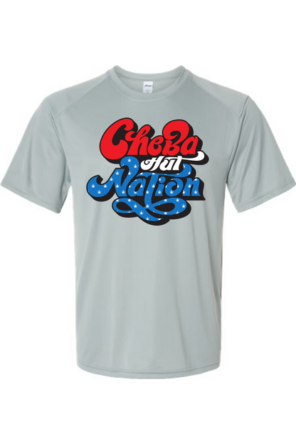 A grey short-sleeved athletic shirt featuring a patriotic-themed graphic. The word "Cheba" is in bold, rounded red letters with white outlines. Below it, the word "Hut" is smaller and appears integrated into the top of "Nation." The word "Nation" is prominently displayed in large, stylized blue script with white stars, outlined in red and white. The overall design evokes an American flag color scheme.