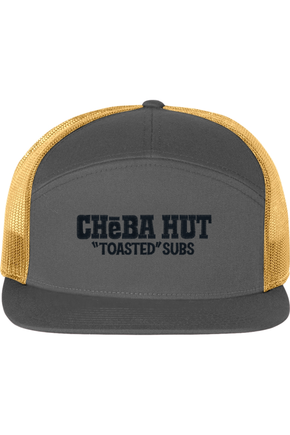 A seven-panel trucker hat with a solid grey front panel and brim. The back two panels are gold mesh. The front of the hat features the black stylized text 'CHEBA HUT "TOASTED" SUBS'. The hat has a slightly curved brim and a visible button on the top.