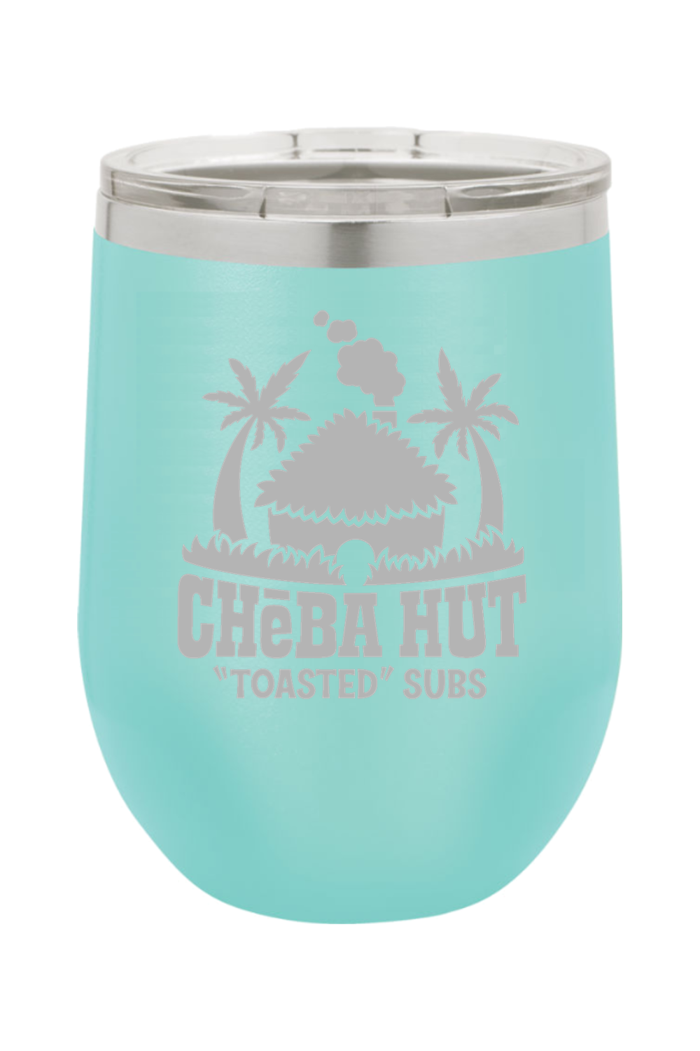 A teal stemless insulated wine tumbler with a clear lid, featuring the Cheba Hut "Toasted" Subs logo with a hut and palm trees.