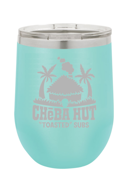 A teal stemless insulated wine tumbler with a clear lid, featuring the Cheba Hut "Toasted" Subs logo with a hut and palm trees.