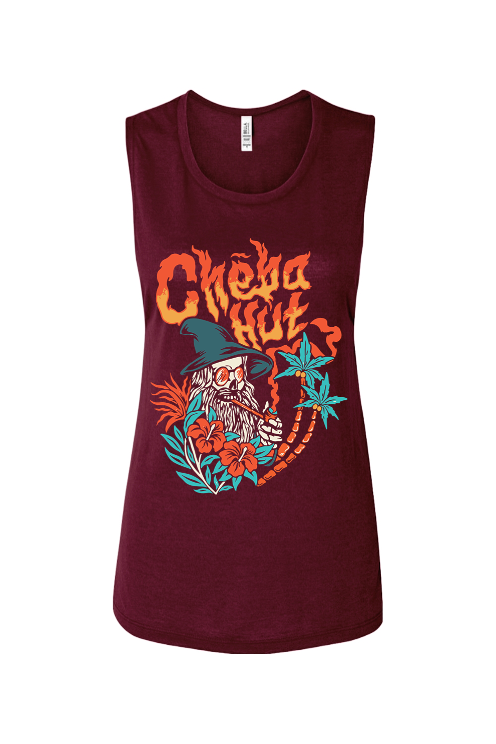 A maroon women's muscle tank top with a colorful front graphic. The graphic features "Cheba Hut" in a fiery font above an illustration of a skeleton wizard with a long white beard, sunglasses, and a pointed hat. The wizard is smoking a long pipe and is surrounded by tropical plants, including palm trees and red hibiscus flowers.