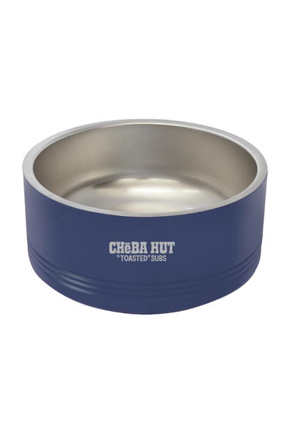 A blue and stainless steel dog bowl with the white "Cheba Hut 'Toasted' Subs" logo on the side, shown against a dark  background.