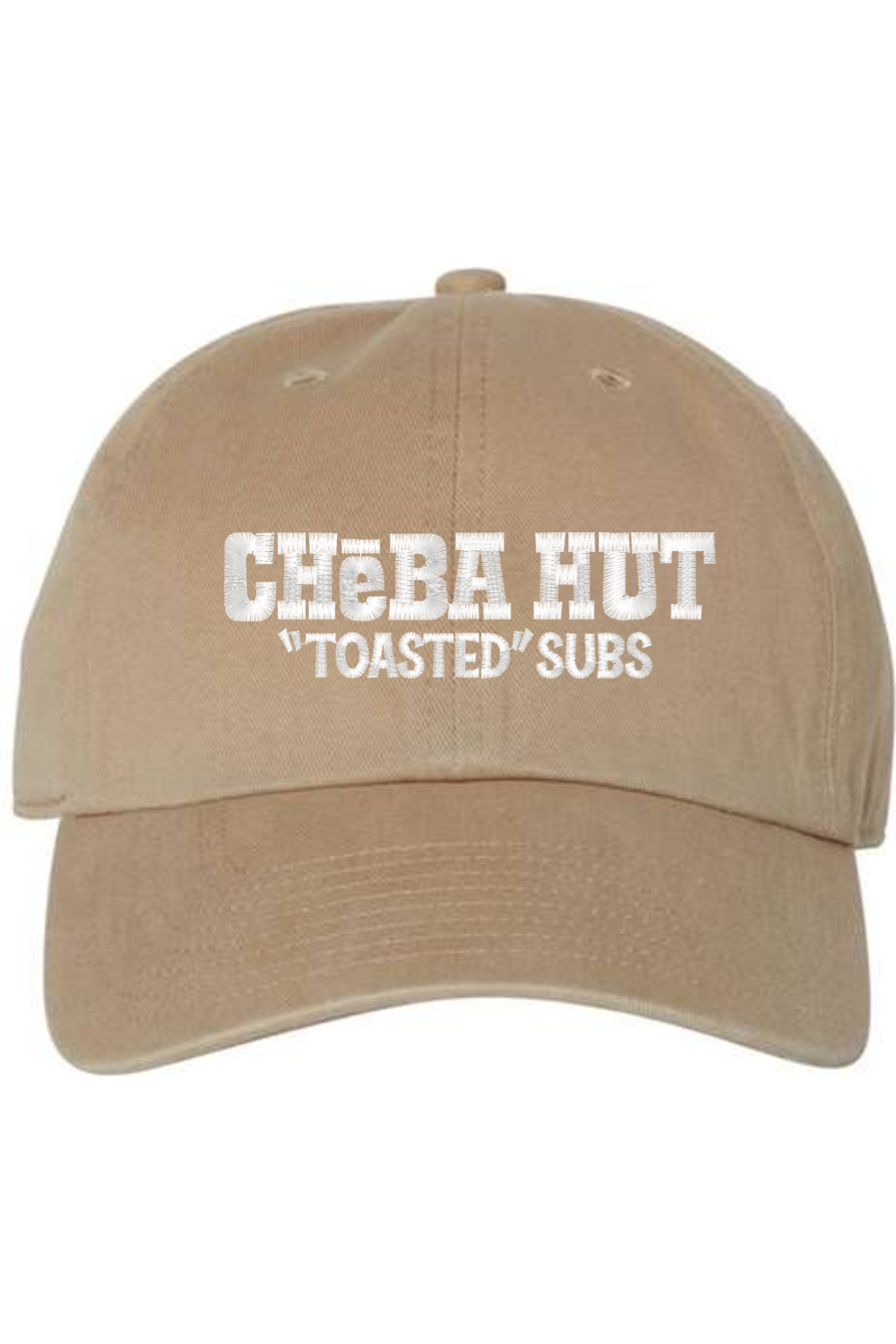 A khaki brown baseball cap with a curved brim. The front of the cap features the white stylized text 'CHEBA HUT "TOASTED" SUBS' embroidered across the center. The cap has a visible button on the top and an adjustable strap in the back (not visible).