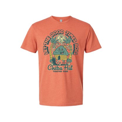 A salmon colored short-sleeved t-shirt featuring a cartoonish graphic with palm trees, a hut, a smiling character, marijuana leaves, and the text 'Let the Good Times Roll' and 'Cheba Hut Toasted Subs'.