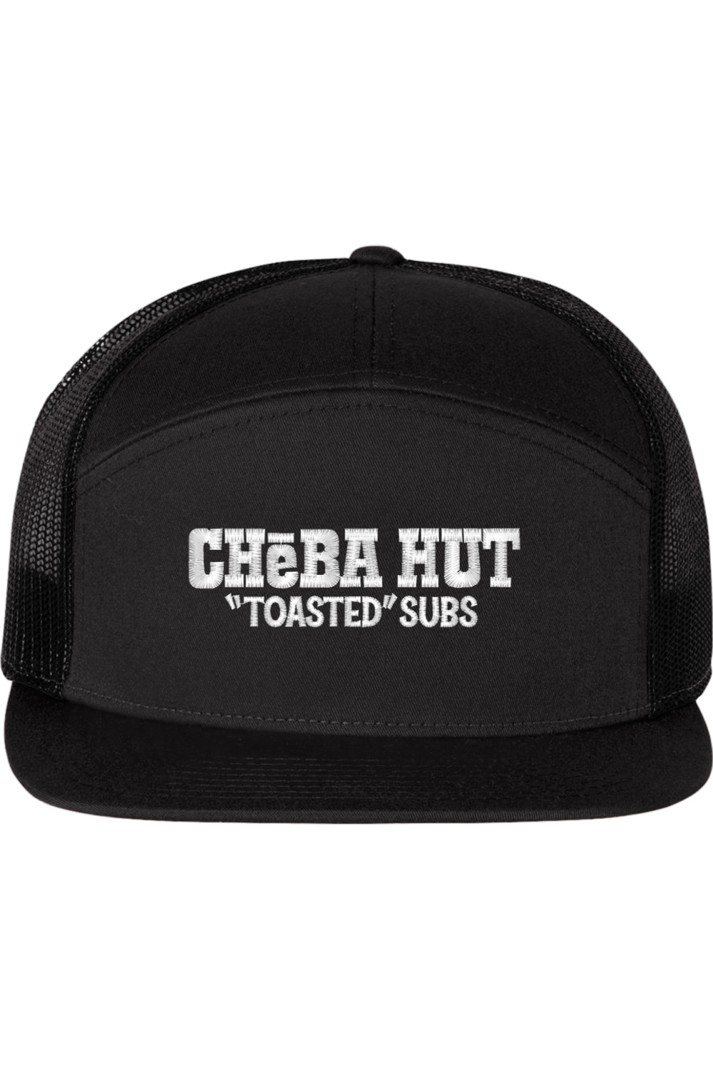 A seven -panel trucker hat with a solid black  front panel and brim. The back two panels are black mesh. The front of the hat features the white stylized text 'CHEBA HUT "TOASTED" SUBS'. The hat has a slightly curved brim and a visible button on the top.