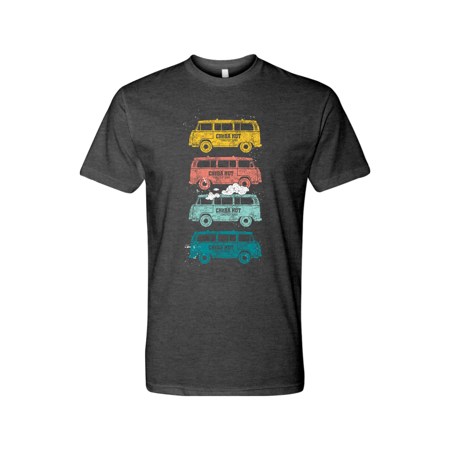 An image of a charcoal tee shirt displaying four vertically stacked, vintage-style vans in yellow, coral, light blue, and teal. Each van has the Cheba Hut logo and 'Toasted Subs' text printed on its side.