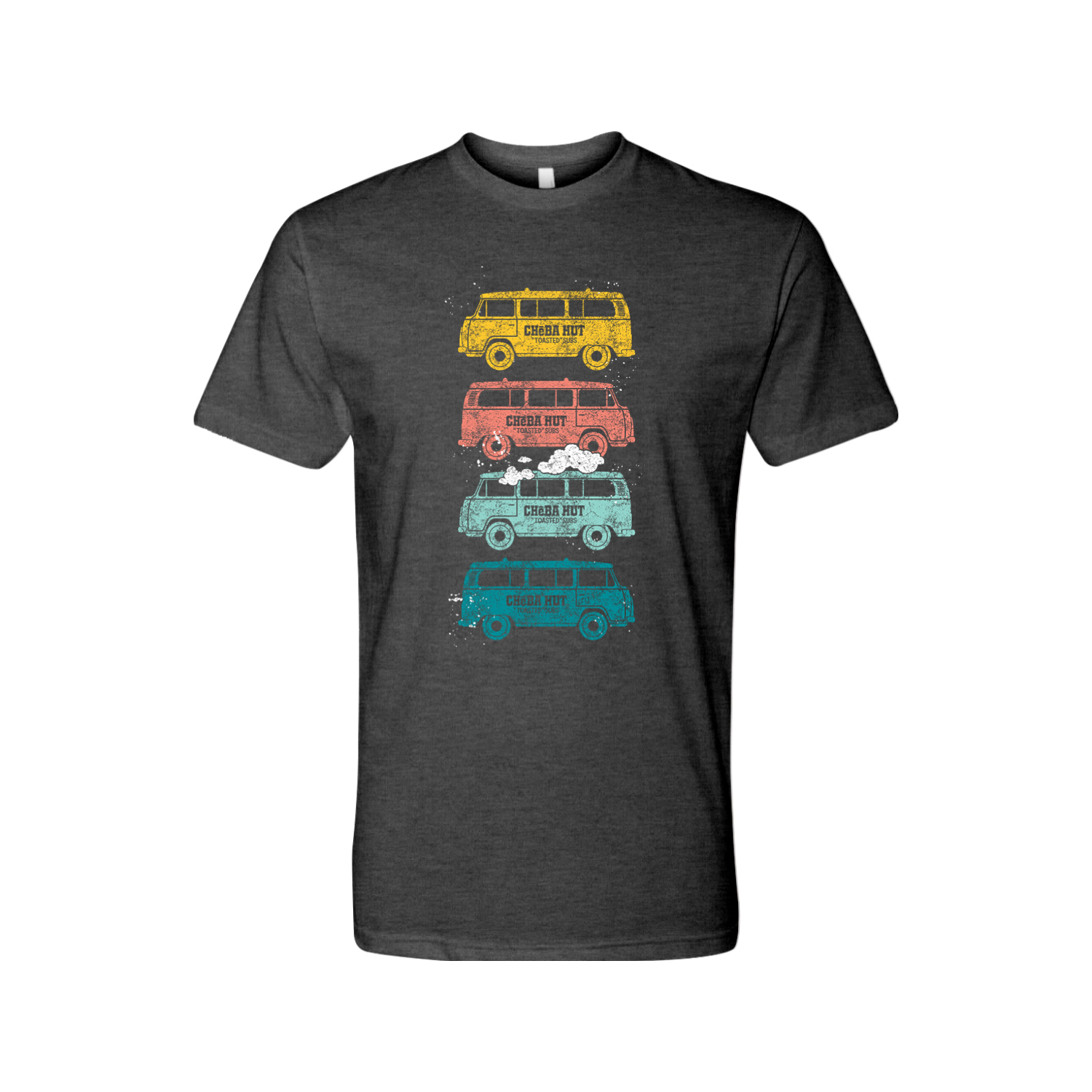 An image of a charcoal tee shirt displaying four vertically stacked, vintage-style vans in yellow, coral, light blue, and teal. Each van has the Cheba Hut logo and 'Toasted Subs' text printed on its side.
