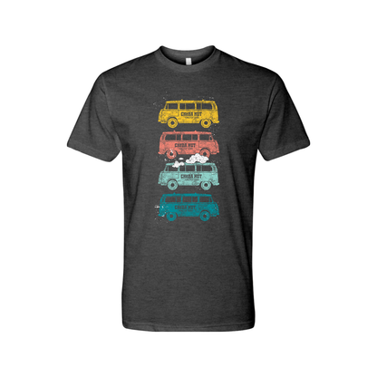 An image of a charcoal tee shirt displaying four vertically stacked, vintage-style vans in yellow, coral, light blue, and teal. Each van has the Cheba Hut logo and 'Toasted Subs' text printed on its side.