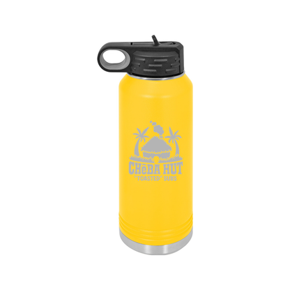 A yellow water bottle with a stainless steel bottom and a black lid that has a built-in carrying handle and drinking spout. The bottle features the Cheba Hut "Toasted" Subs logo on the front.