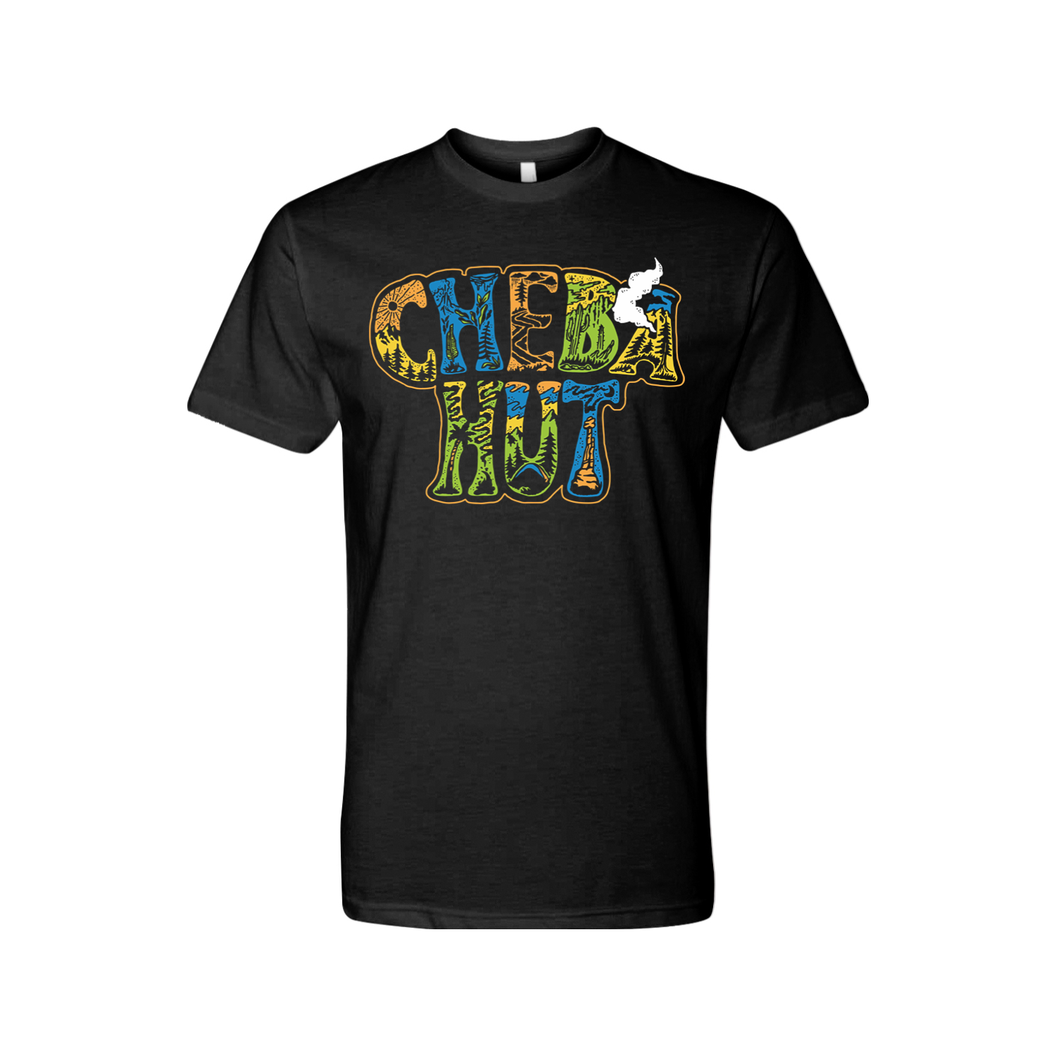 A black crew-neck t-shirt is displayed on a white background. The shirt has a large graphic on the chest that reads 'CHEBA HUT' stacked in two lines. The letters have a textured, almost organic fill with various patterns and colors including yellow, orange, green, and blue. A small, stylized white graphic of smoke rises from the right side of the 'T' in 'HUT'.