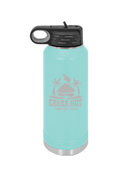 A teal water bottle with a stainless steel bottom and a black lid that has a built-in carrying handle and drinking spout. The bottle features the Cheba Hut "Toasted" Subs logo on the front.