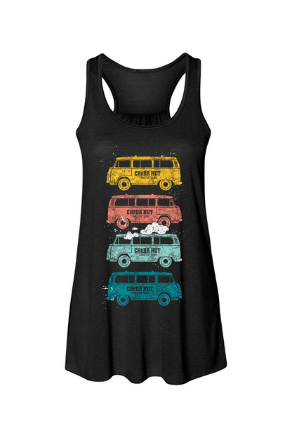 A black women's racerback tank top with a front graphic of four colorful, vintage-style vans stacked vertically. From top to bottom, the vans are yellow, coral, light blue, and teal, each with a distressed look and the Cheba Hut logo. Smoke is coming out of the roof of the light blue van.