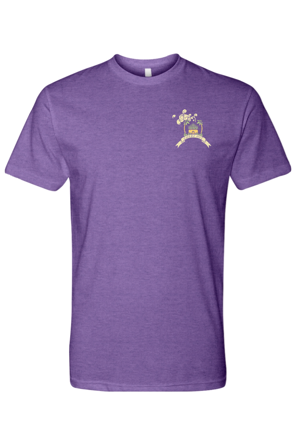A purple short-sleeved t-shirt featuring a small, colorful graphic on the left chest of a small hut with a palm tree on either side. 