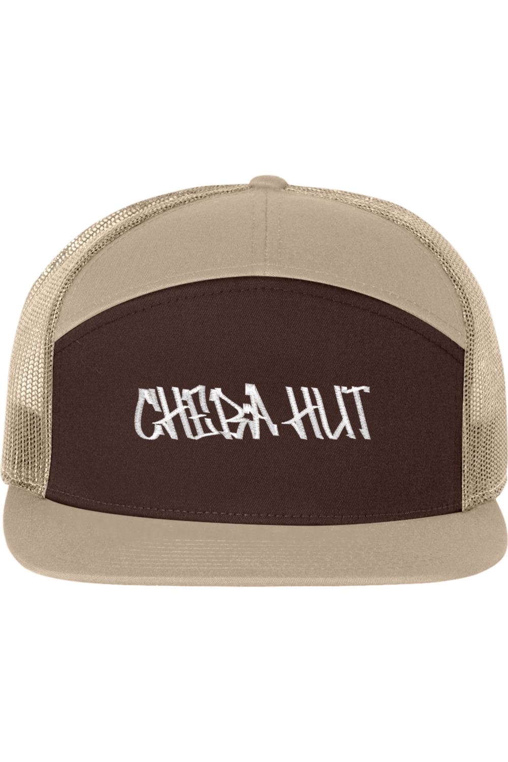 A seven-panel trucker hat with a solid dark brown front panel and a tan brim. The back two panels are tan mesh. The front of the hat features the white stylized text 'CHEBA HUT'. The hat has a slightly curved brim and a visible button on the top.