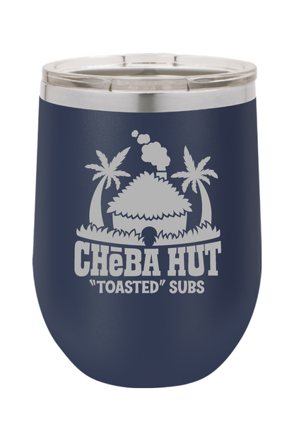 A navy blue stemless insulated wine tumbler with a clear lid, featuring the Cheba Hut "Toasted" Subs logo with a hut and palm trees.