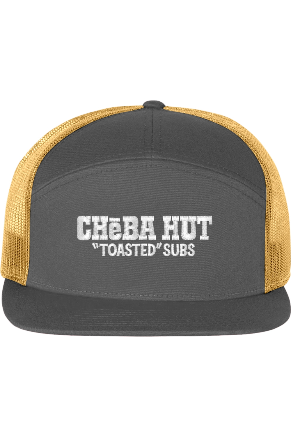 A seven -panel trucker hat with a solid grey front panel and brim. The back two panels are gold mesh. The front of the hat features the white stylized text 'CHEBA HUT "TOASTED" SUBS'. The hat has a slightly curved brim and a visible button on the top.