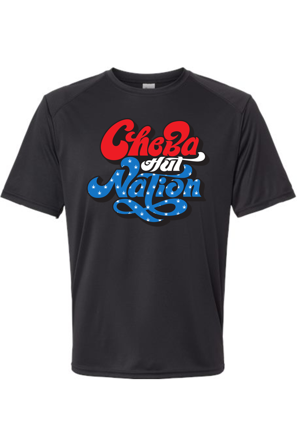 A black short-sleeved athletic shirt featuring a patriotic-themed graphic. The word "Cheba" is in bold, rounded red letters with white outlines. Below it, the word "Hut" is smaller and appears integrated into the top of "Nation." The word "Nation" is prominently displayed in large, stylized blue script with white stars, outlined in red and white. The overall design evokes an American flag color scheme.