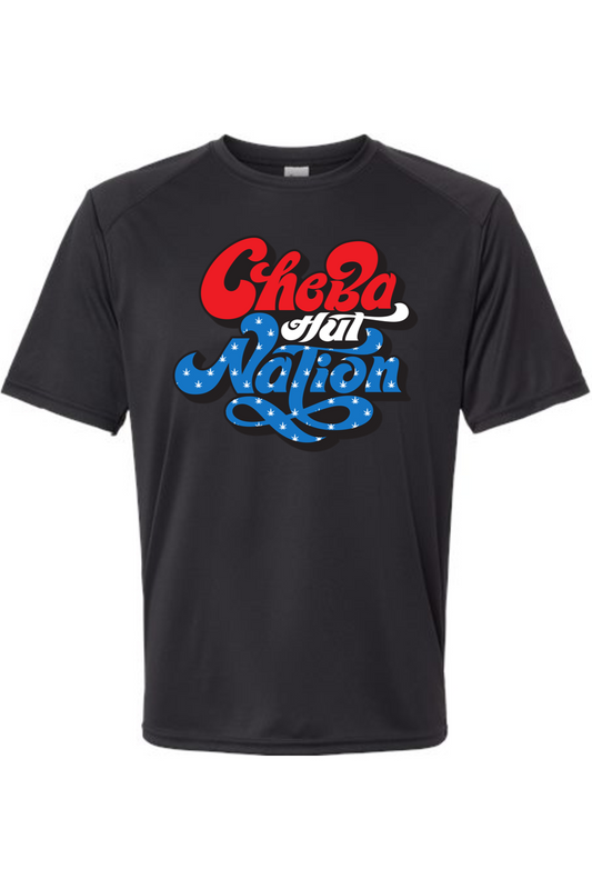 A black short-sleeved athletic shirt featuring a patriotic-themed graphic. The word "Cheba" is in bold, rounded red letters with white outlines. Below it, the word "Hut" is smaller and appears integrated into the top of "Nation." The word "Nation" is prominently displayed in large, stylized blue script with white stars, outlined in red and white. The overall design evokes an American flag color scheme.