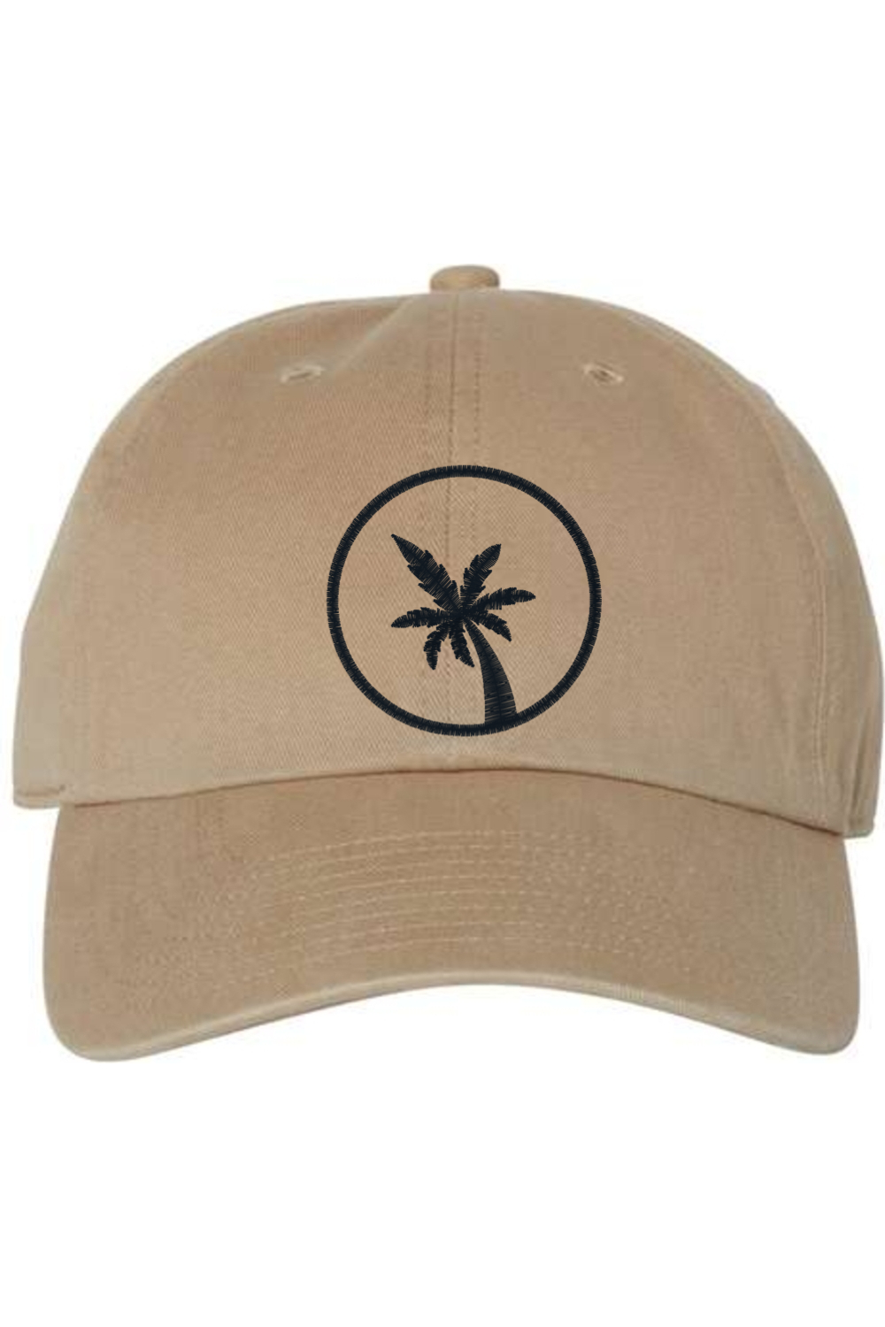 A khaki brown baseball cap with a curved brim. The front of the hat features an embroidered seven frond Palm Tree in black thread. The cap has a visible button on the top and an adjustable strap in the back (not visible).