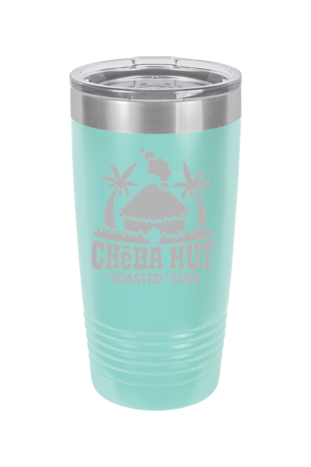 A teal insulated tumbler with a clear lid, featuring the Cheba Hut "Toasted" Subs logo with an illustration of a hut and palm trees.