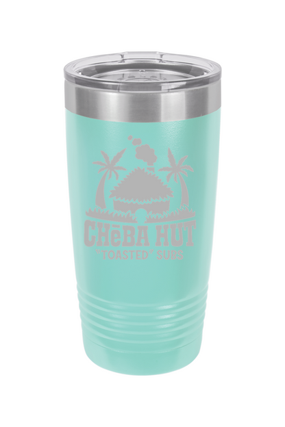 A teal insulated tumbler with a clear lid, featuring the Cheba Hut "Toasted" Subs logo with an illustration of a hut and palm trees.