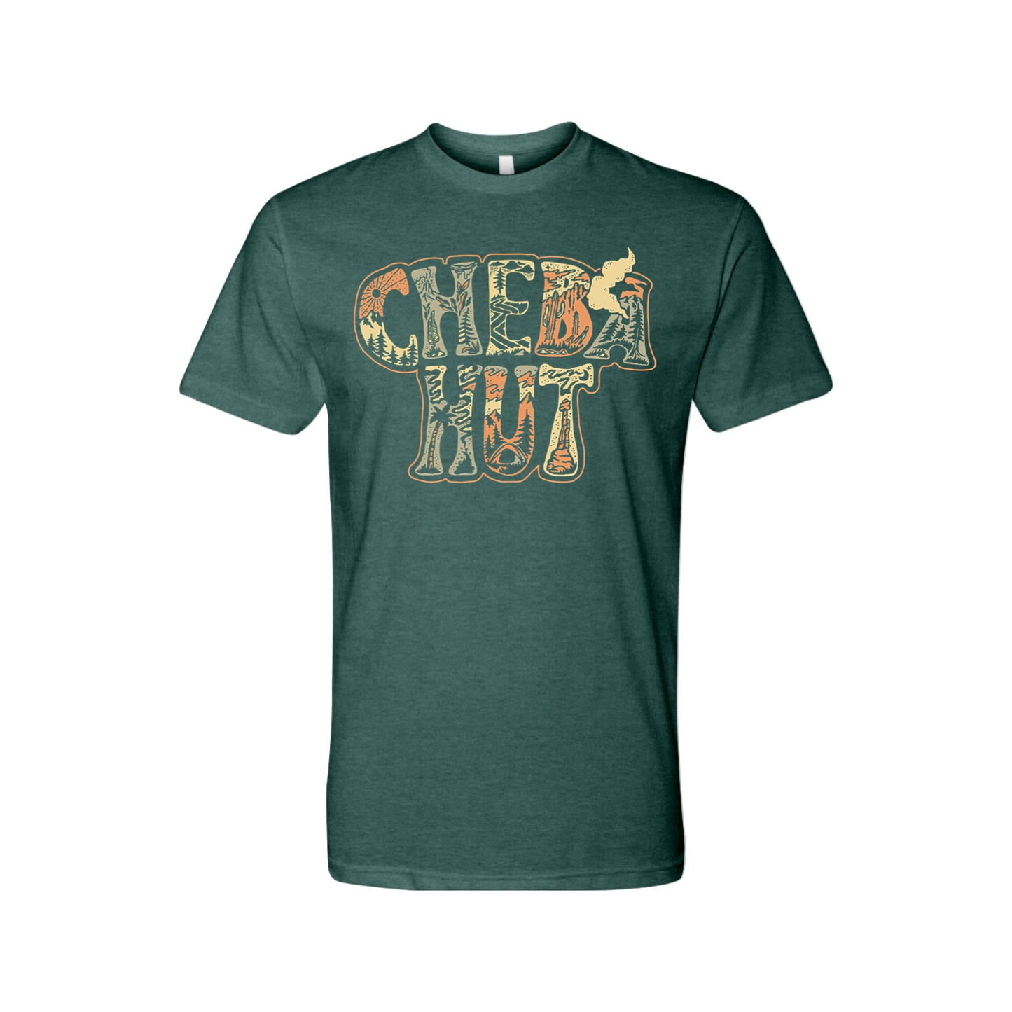A forest green heathered crew-neck t-shirt is displayed on a white background. The shirt has a large graphic on the chest that reads 'CHEBA HUT' stacked in two lines. The letters have a textured, almost patterned fill in muted shades of orange, brown, and cream. Within the letters, small illustrations such as mountains, trees, and abstract shapes are subtly incorporated into the design.