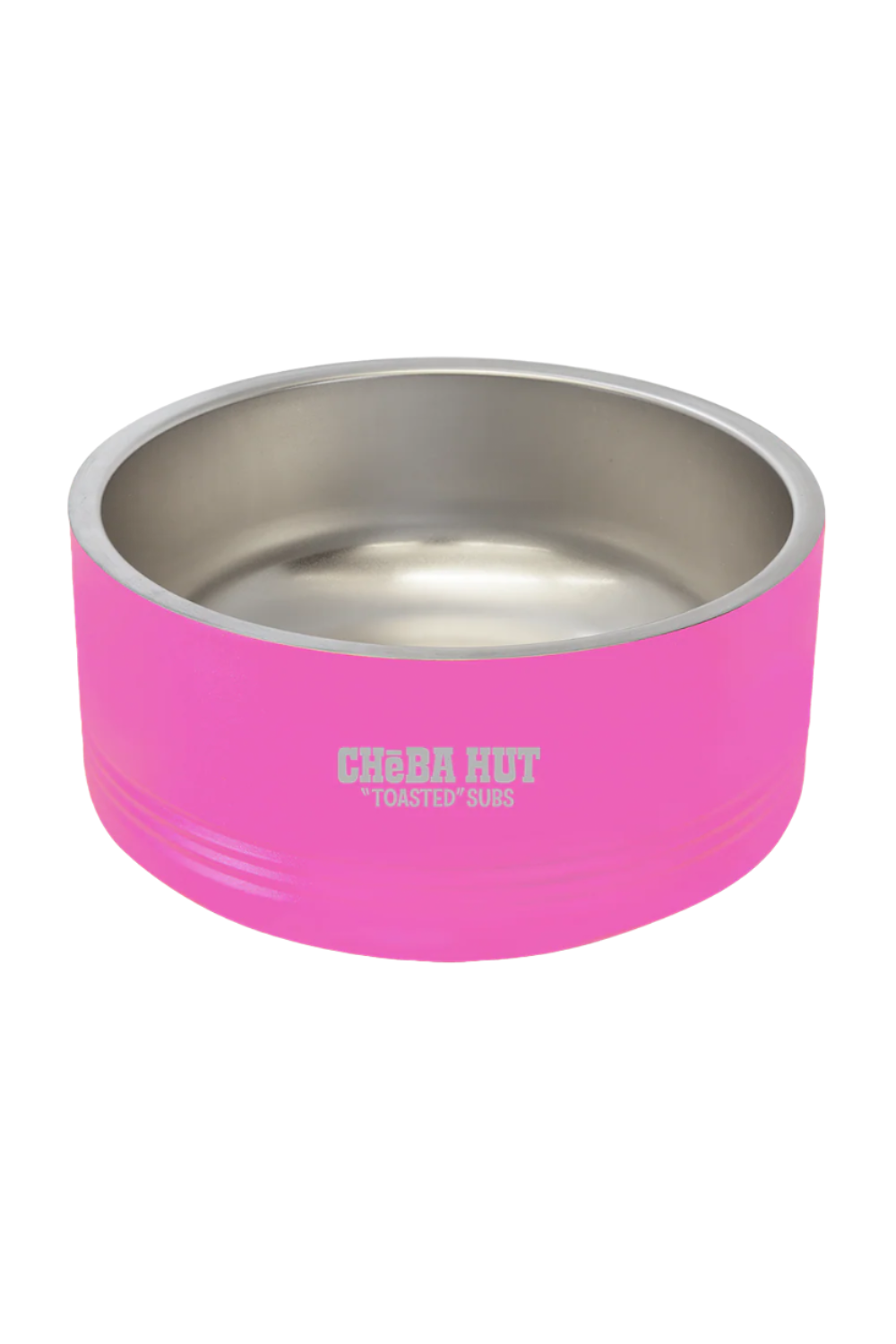 A pink and stainless steel dog bowl with the white "Cheba Hut 'Toasted' Subs" logo on the side, shown against a dark  background.