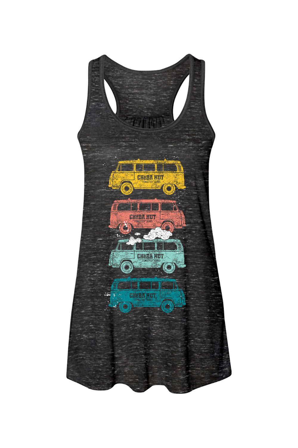 A black marbled women's racerback tank top with a front graphic of four colorful, vintage-style vans stacked vertically. From top to bottom, the vans are yellow, coral, light blue, and teal, each with a distressed look and the Cheba Hut logo. Smoke is coming out of the roof of the light blue van.