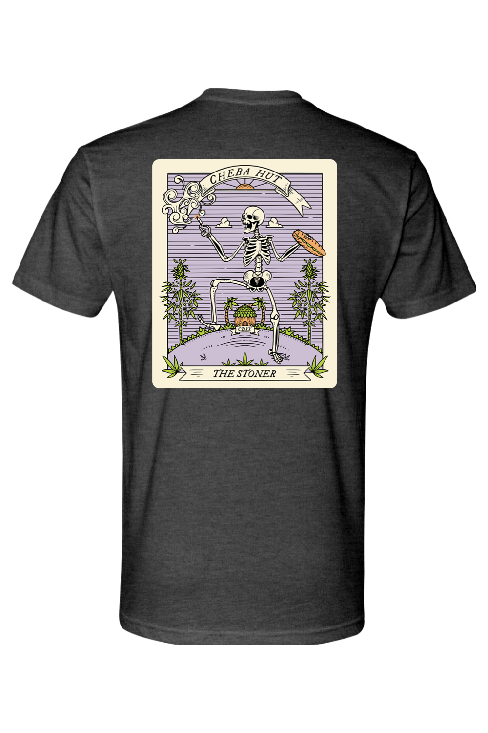 A charcoal short-sleeved t-shirt featuring a rectangular graphic on the back depicting a skeleton holding a smoking item and a sandwich, with 'CHEBA HUT' and 'THE STONER' text.