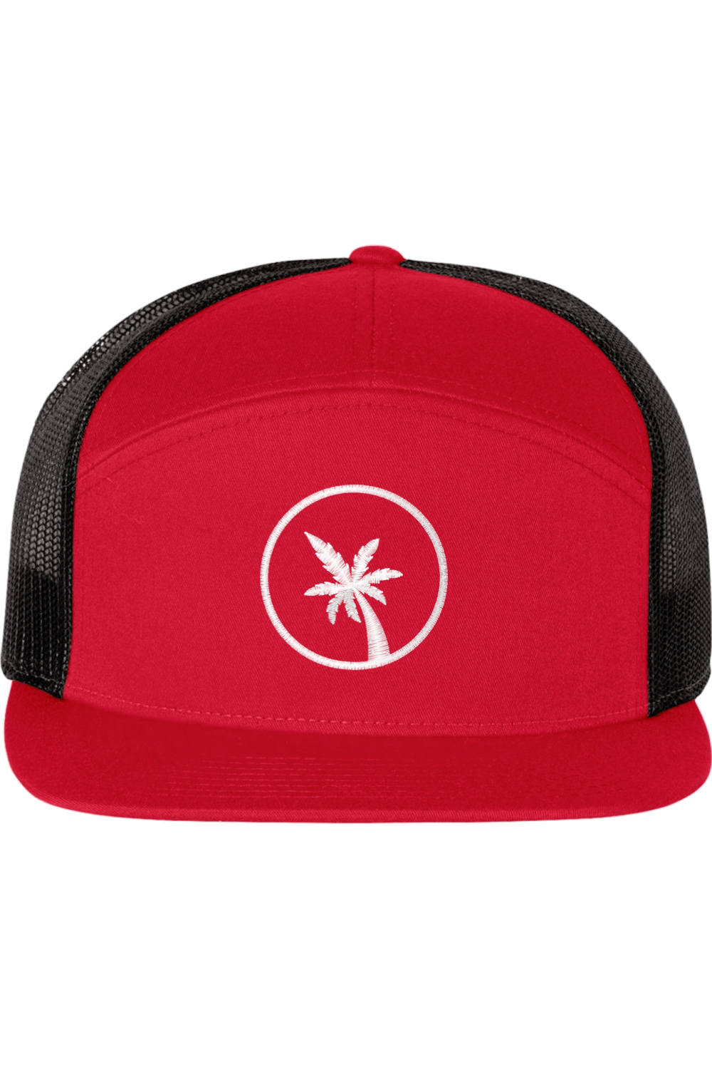 A seven -panel trucker hat with a solid red front panel and brim. The back two panels are black mesh. The front of the hat features a seven frond palm tree in white thread. The hat has a slightly curved brim and a visible button on the top.