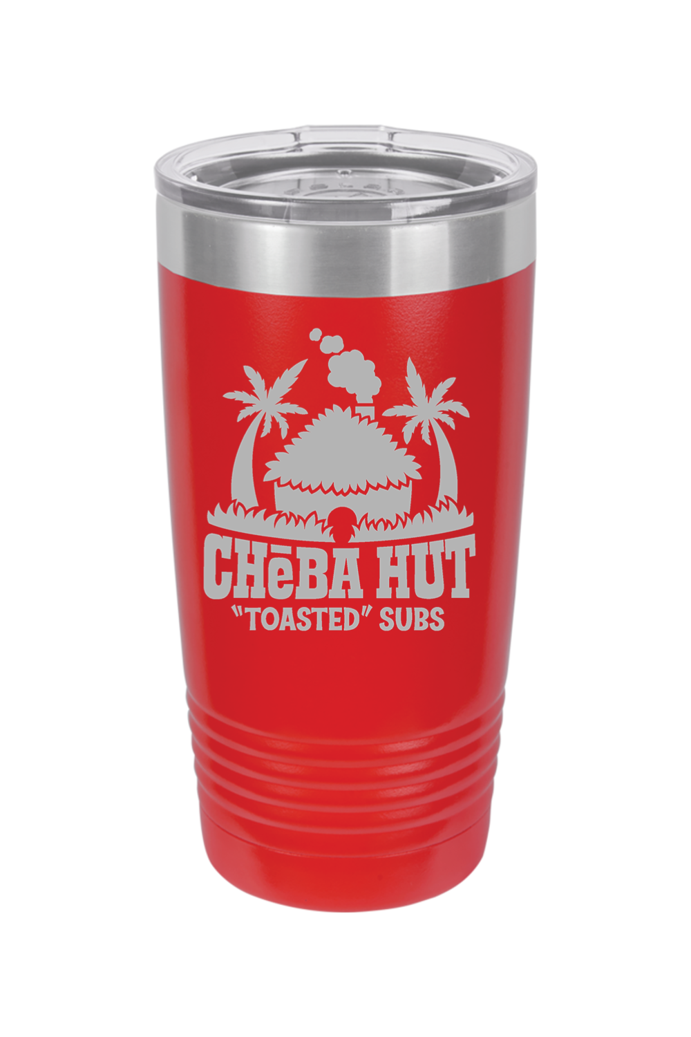 A red insulated tumbler with a clear lid, featuring the Cheba Hut "Toasted" Subs logo with an illustration of a hut and palm trees.