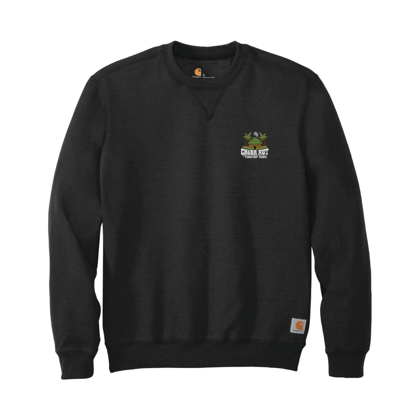 Front view of a black crewneck sweatshirt laid flat. A small, embroidered logo for "Cheba Hut Toasted Subs," featuring a tiki hut and palm trees, is on the upper left chest.