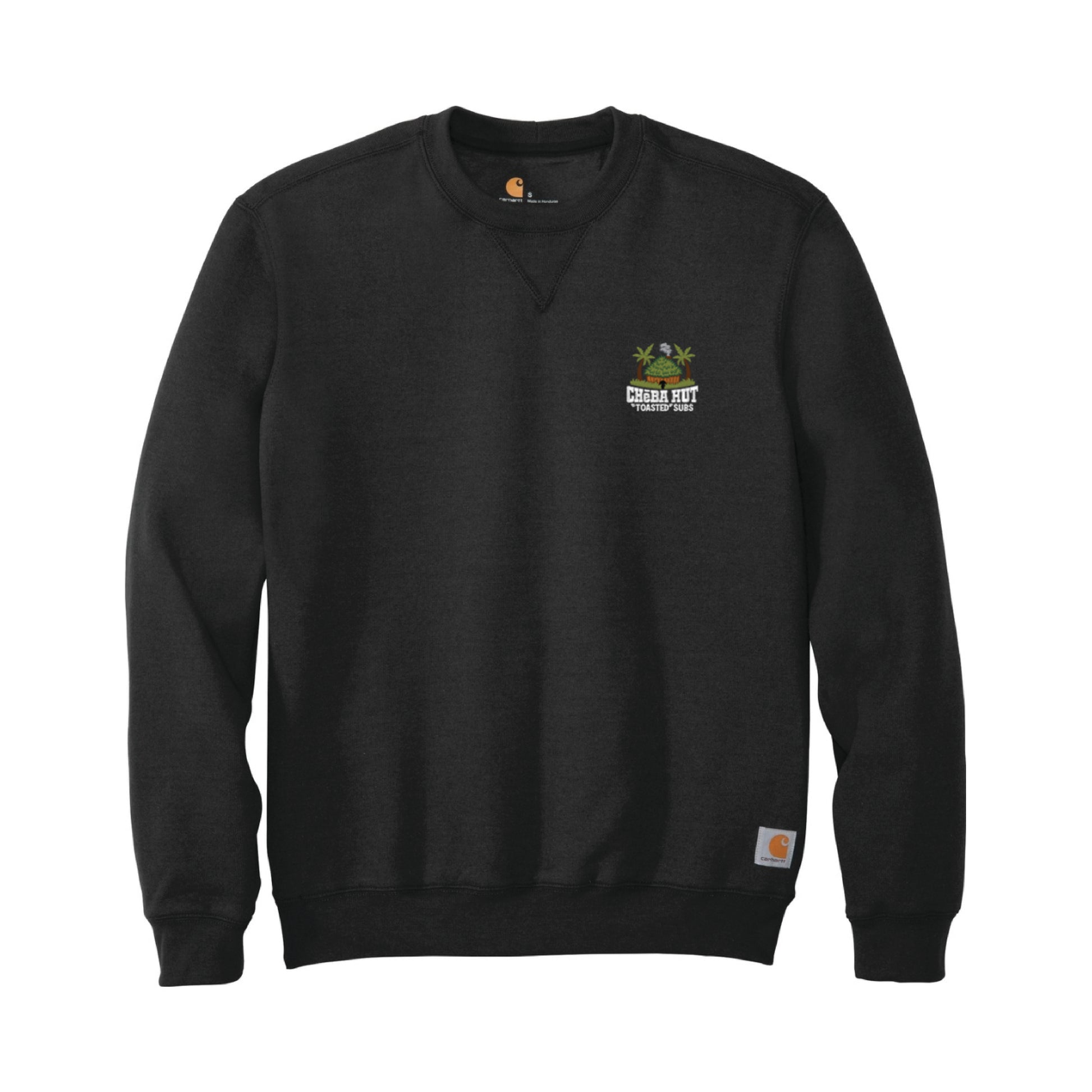 Front view of a black crewneck sweatshirt laid flat. A small, embroidered logo for "Cheba Hut Toasted Subs," featuring a tiki hut and palm trees, is on the upper left chest.