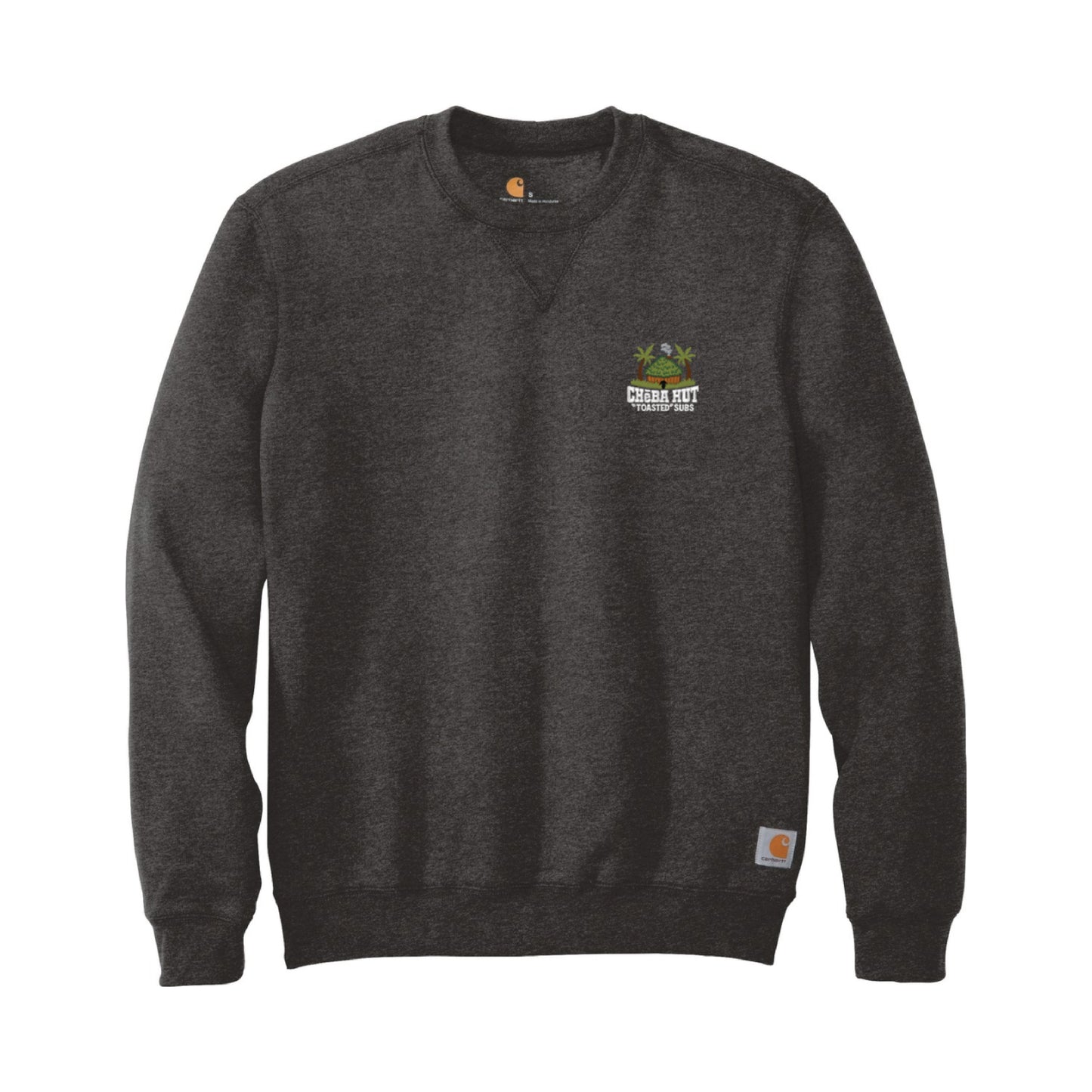 Front view of a grey heathered crewneck sweatshirt laid flat. A small, embroidered logo for "Cheba Hut Toasted Subs," featuring a tiki hut and palm trees, is on the upper left chest.