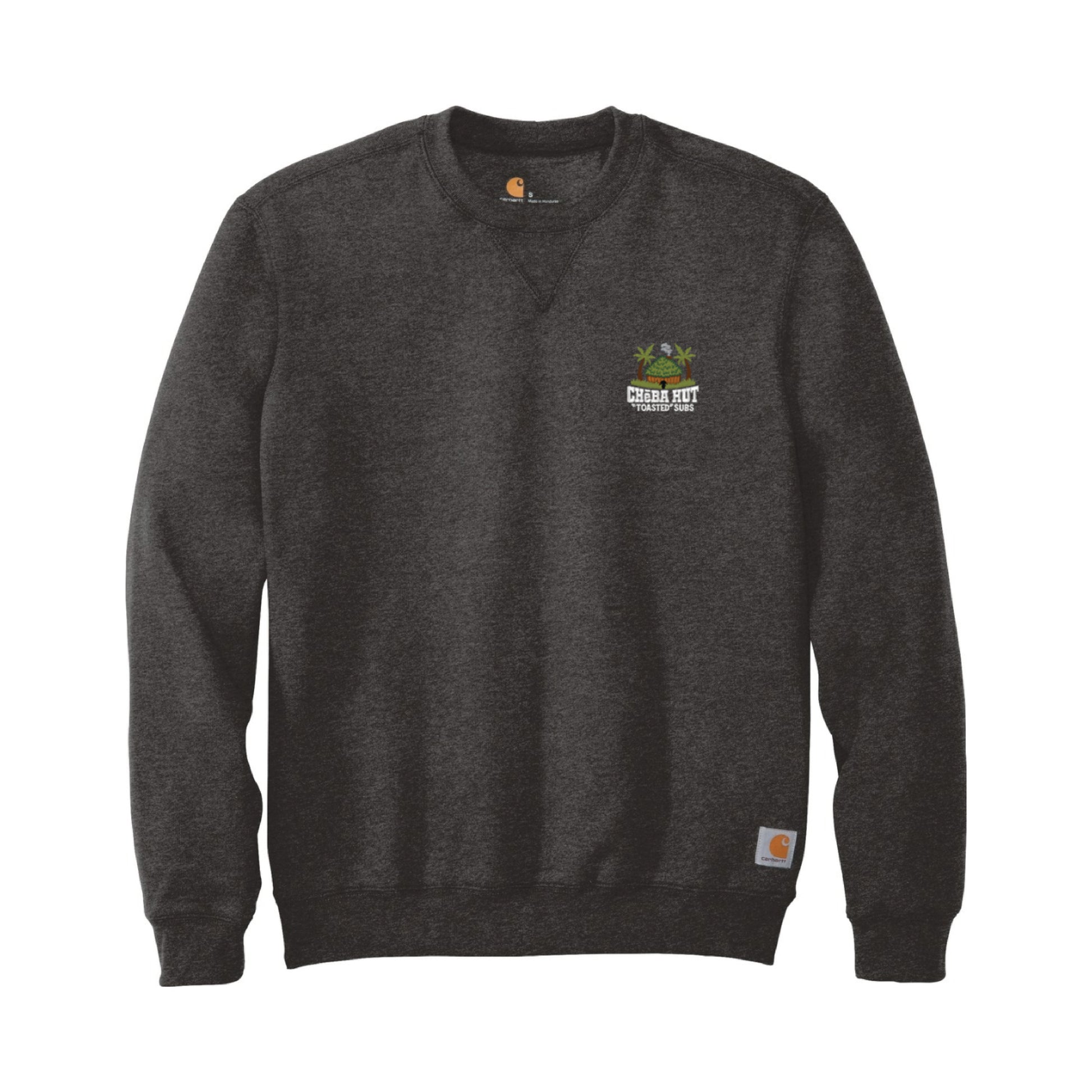 Front view of a grey heathered crewneck sweatshirt laid flat. A small, embroidered logo for "Cheba Hut Toasted Subs," featuring a tiki hut and palm trees, is on the upper left chest.